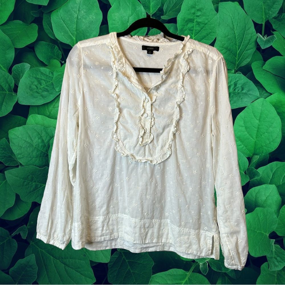 Medium White J.Crew Long Sleeve Ruffled Collar Blouse with yoke, EUC